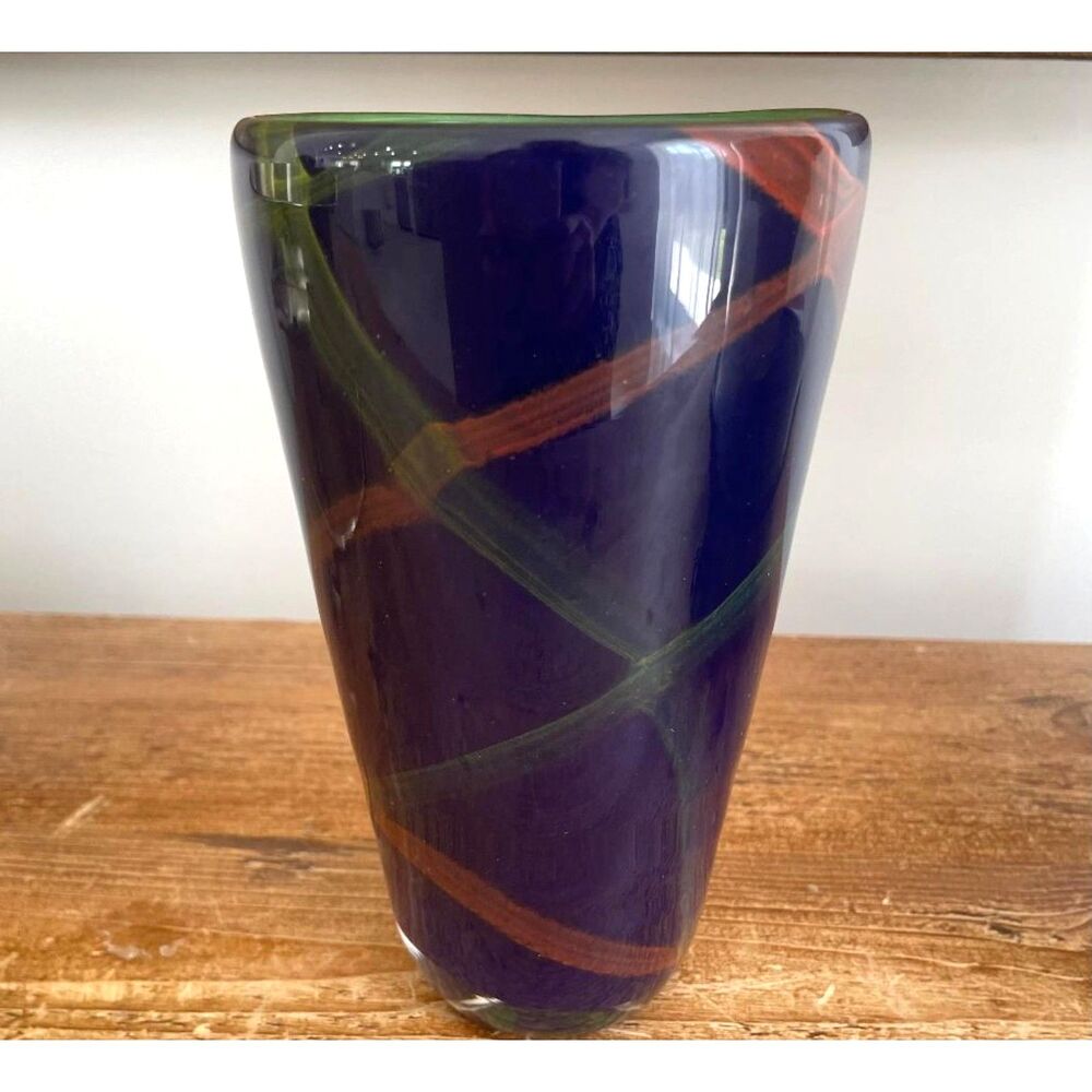 Vintage Soholm Danmark Blue Glass Vase with Cross Ribbon Accents